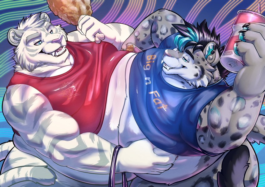 anthro belly belly_grab belly_squish beverage big_belly black_claws black_hair blue_clothing blue_eyes blue_pawpads blue_shirt blue_topwear bottomless claws clothed clothing duo ear_piercing fangs food fur grey_body grey_fur hair hand_on_belly highlights_(coloring) holding_beverage holding_drumstick holding_food holding_meat holding_object holding_stomach lidded_eyes looking_at_another looking_at_belly male male/male meat moobs multicolored_hair musclegut muscular muscular_anthro muscular_male overweight overweight_anthro overweight_male pawpads piercing pink_nose red_clothing red_shirt red_tank_top red_topwear sabertooth_(anatomy) shirt spots squish stripes tank_top teeth tight_clothing topwear two_tone_hair clovishusky plein roam_(roamthesnep) felid mammal pantherine snow_leopard tiger 2024 absurd_res hi_res