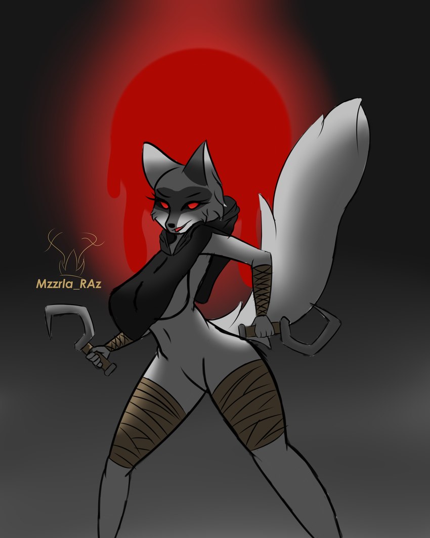 anthro big_breasts breasts clothed clothing crossgender female fur grey_body grey_fur looking_at_viewer open_mouth red_eyes sickle smile solo thick_thighs weapon mzzrlaraz dreamworks puss_in_boots_(franchise) death_(puss_in_boots) canid canine canis mammal wolf 2023 4:5 absurd_res digital_media_(artwork) hi_res