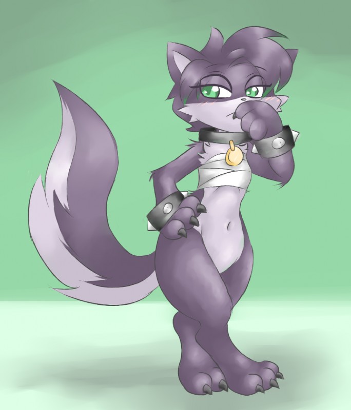 anthro bandage chest_fur chest_tuft chest_wraps claws collar female fur green_eyes hair looking_at_viewer navel purple_body purple_fur solo tuft wraps earthb-kun lied domestic_cat felid feline felis mammal 2016 digital_media_(artwork)