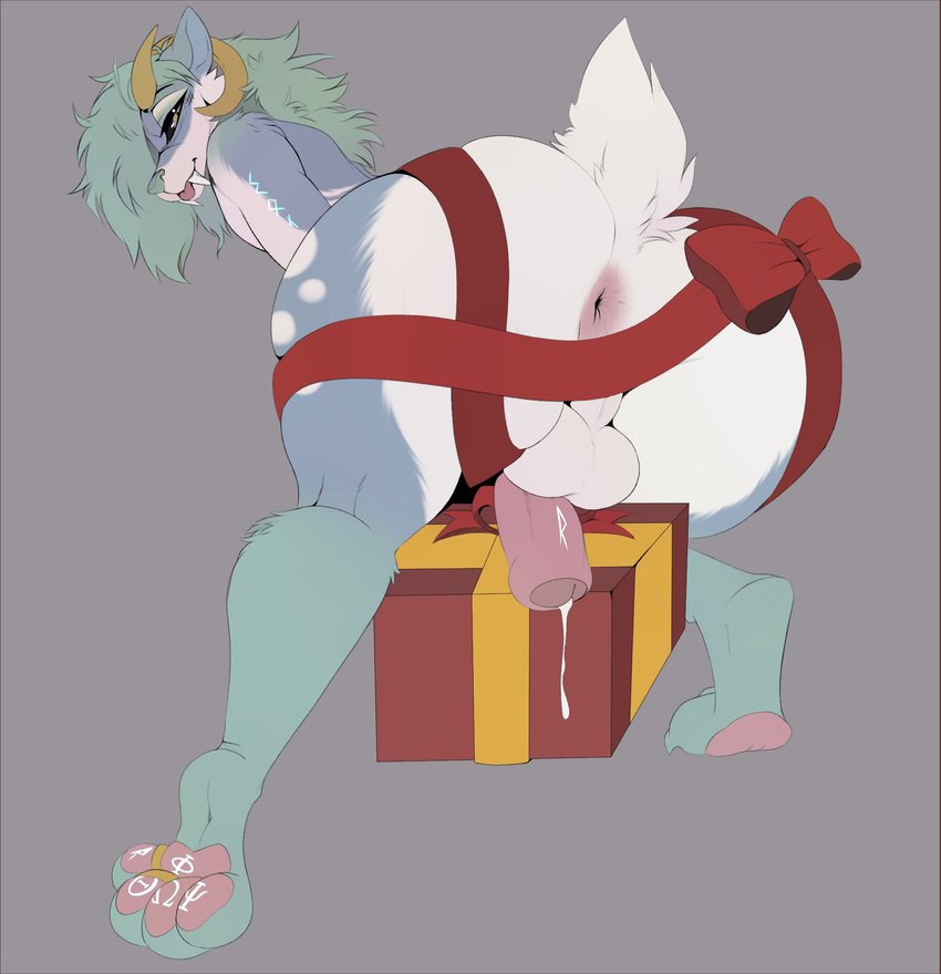 anthro anus backsack balls big_butt black_sclera bodily_fluids bow_(feature) bow_ribbon box butt butt_bow container cum cum_drip curved_horn digit_ring dripping fangs feet foreskin fur genital_fluids genitals gift gift_bow gift_box gift_wrapped green_hair hair horn huge_butt humanoid_genitalia humanoid_penis jewelry looking_at_viewer looking_back looking_back_at_viewer male pawpads paws penis perineum pink_pawpads rear_view ribbons ring sabertooth_(anatomy) short_tail simple_background solo tail teeth toe_ring toes white_body white_fur dahlia_(artist) hybrid hi_res