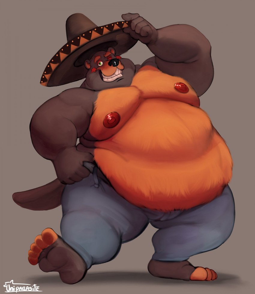 anthro belly big_belly clothing hat headgear headwear humanoid_hands looking_at_viewer male moobs nipples one_eye_closed overweight overweight_anthro overweight_male smile solo sombrero teeth toothy_grin wink uniparasite five_nights_at_freddy's freddy_fazbear's_pizzeria_simulator scottgames el_chip_(fnaf) beaver mammal rodent hi_res