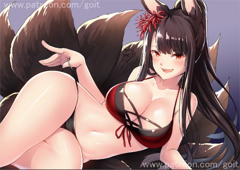 blush breasts brown_hair cleavage clothed clothing female hair long_hair looking_at_viewer lying multi_tail navel on_side open_mouth red_eyes smile solo tail text tongue go-it azur_lane akagi_(azur_lane) animal_humanoid canid canid_humanoid canine canine_humanoid fox_humanoid humanoid mammal mammal_humanoid url