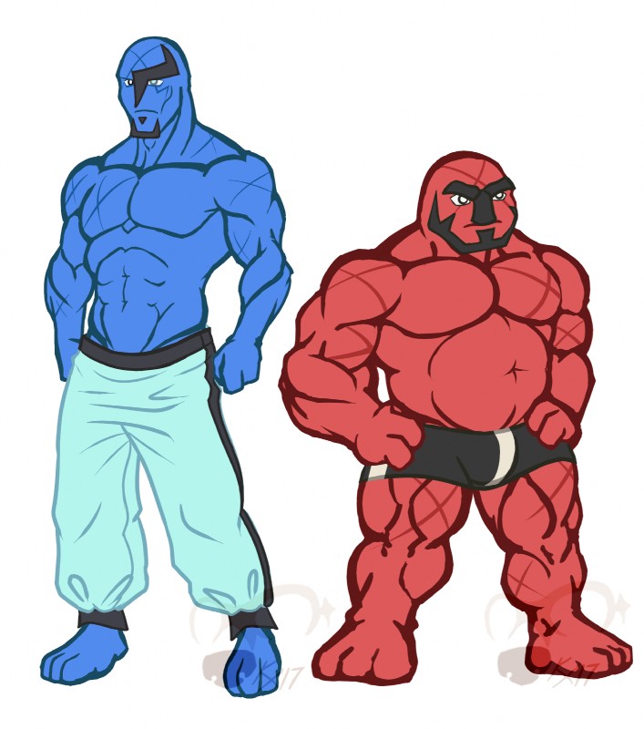 3_fingers 3_toes abs anthro anthrofied athletic barazoku barefoot beard biceps blind_eye blue_body blue_skin bottomwear bulge clothed clothing duo facial_hair feet fingers male musclegut muscular muscular_male oversized_bottomwear oversized_clothing oversized_pants pants pecs pokemorph red_body red_skin scar shorts toes topless kingdomxathers nintendo pokemon generation_5_pokemon humanoid pokemon_(species) sawk throh 2017 hi_res