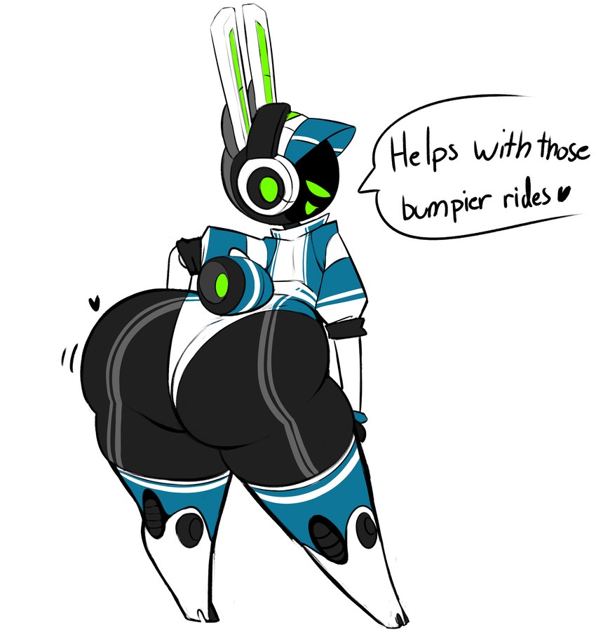 anthro armor big_butt butt clothed clothing drill earpiece electronics female green_eyes green_inner_ear green_mouth hand_on_leg hand_on_thigh headgear headphones headset heart_after_text heart_symbol helmet huge_butt huge_hips huge_thighs long_ears looking_at_viewer looking_back looking_back_at_viewer machine motion_lines rear_view screen screen_face simple_background solo speech_bubble talking_to_viewer text thick_thighs tire white_background white_ears wide_hips pandamonium project_turboblast tempo_(project_turboblast) animal_humanoid humanoid lagomorph leporid mammal rabbit robot robot_humanoid absurd_res english_text hi_res official_art