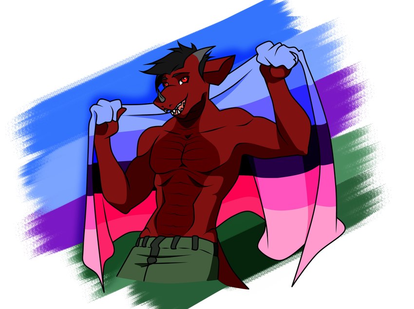 anthro black_hair bottomwear cargo_shorts clothing featureless_chest flag flag_(object) green_bottomwear green_clothing green_shorts grey_horn hair holding_flag holding_object horn lgbt_pride looking_at_viewer male omnisexual_pride_colors pride_color_background pride_color_flag pride_colors red_body red_eyes red_scales salmacian_pride_colors scales shirtless shirtless_anthro shirtless_male shorts simple_background solo tail mythology xetem_ilekex dragon hippodrake hybrid mythological_creature mythological_scalie scalie hi_res maleherm_(lore)