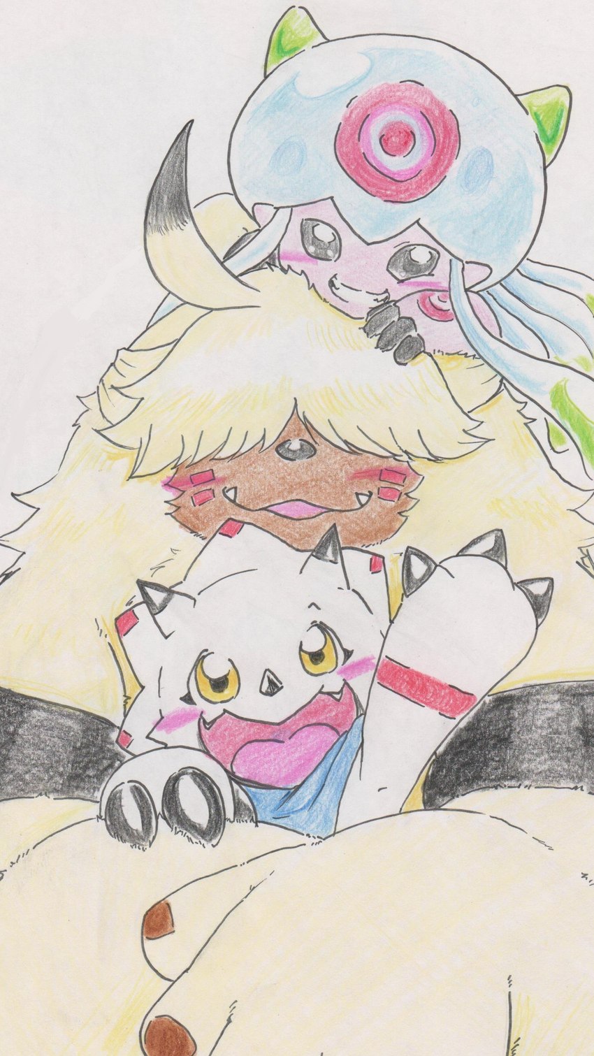 anthro blush female fur grin group hair hair_over_eyes kerchief male smile tentacles trio white_body yellow_body yellow_fur tabasukotrr bandai_namco digimon digimon_ghost_game angoramon digimon_(species) gammamon jellymon 9:16 absurd_res hi_res traditional_media_(artwork)