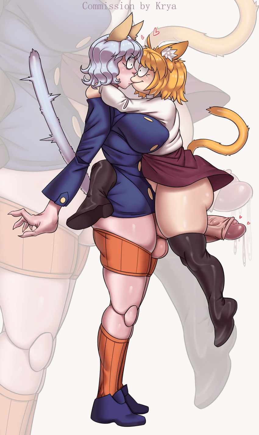 balls big_penis bottomless clothed clothing duo female genitals gynomorph heart_symbol hug huge_penis intersex intersex/female kissing light_body light_skin penis simple_background surprise surprised_expression kryadrawgin hunter_x_hunter tsukihime type-moon neco-arc neferpitou animal_humanoid cat_humanoid chimera_ant felid felid_humanoid feline feline_humanoid humanoid mammal mammal_humanoid absurd_res crossover hi_res