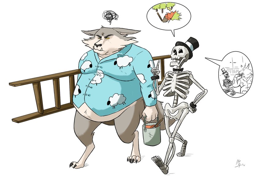 anthro bone bottomless bucket clothed clothing container duo hat headgear headwear ladder male moobs obese overweight overweight_male paint shirt shirt_only skeleton speech_bubble top_hat topwear topwear_only walking spiritfoxzilla mythology scary_godmother harry_the_werewolf animated_skeleton canid canine canis mammal mythological_canine mythological_creature undead werecanid werecanine werecreature werewolf wolf hi_res