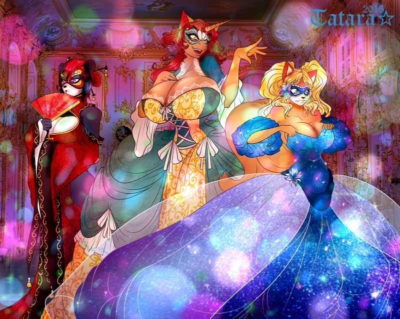 anthro ball_gown big_breasts black_body black_fur black_nose blonde_hair blue_eyes breasts brown_body brown_fur cleavage clothed clothing dress female fur group hair hand_fan horn huge_breasts inside looking_down mask open_mouth pink_eyes red_hair ribbons short_hair standing white_body white_fur yellow_eyes tatara94 mythology bear equid equine giant_panda horse mammal mythological_creature mythological_equine unicorn unknown_species 2015 digital_media_(artwork) hi_res