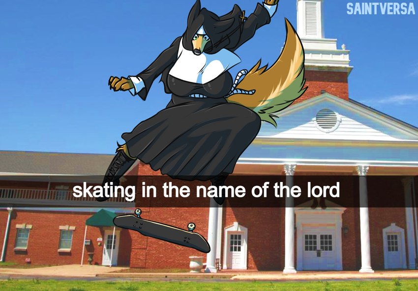 anthro big_breasts black_boots black_clothing black_footwear boots breasts brown_body brown_fur church clothed clothed_anthro clothed_female clothing female fluffy fluffy_tail footwear fur nun nun_habit photo_background religious_clothing shoes skateboard skateboard_trick skateboarding solo tail text vehicle saintversa sister_mary_(saintversa) canid canine fox mammal 2021 english_text photography_(artwork)