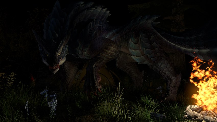 ambiguous_gender bared_teeth camp campfire feral fire grass lawn_gnome night plant snarling solo teeth ninetailwolf capcom monster_hunter fanged_wyvern lunagaron monster 16:9 hi_res widescreen