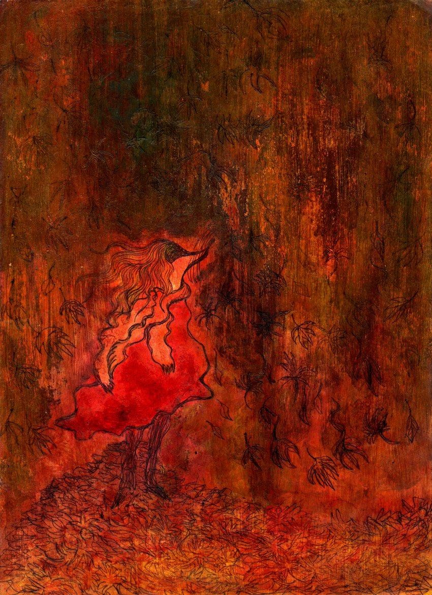 abstract_background anthro autumn clothing dress eyes_closed female hair leaf orange_hair red_clothing scarf solo standing janet_k_wallace the_moomins mrs._fillyjonk fillyjonk humanoid absurd_res hi_res painting_(artwork) traditional_media_(artwork) traditional_painting_(artwork) traditional_watercolor_(artwork) watercolor_(artwork)