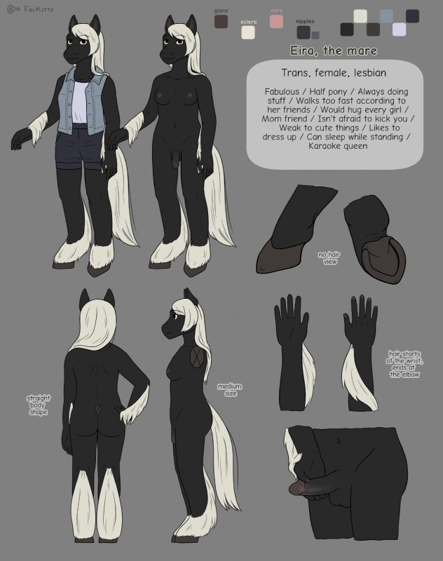 anthro biped butt clothing foreskin genitals gynomorph hair hooves humanoid_genitalia humanoid_penis intersex long_hair nipples penis retracted_foreskin smile solo standing text frikinky eira equid equine horse mammal digital_media_(artwork) english_text hi_res model_sheet