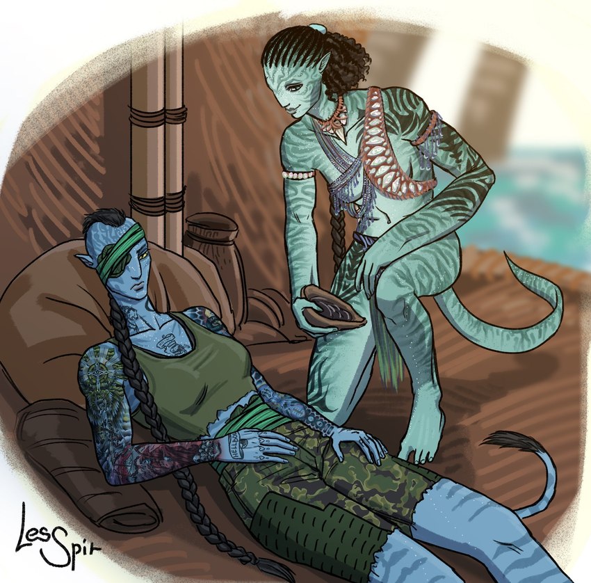 arm_tattoo blue_body blue_skin chest_tattoo clothing duo eye_patch eyewear female female/female flat_tail military_uniform queue_(hairstyle) stripes tail tattoo uniform lesspir james_cameron's_avatar zdinarsk alien alien_humanoid animal_humanoid felid felid_humanoid humanoid hybrid mammal mammal_humanoid na'vi recombinant_(avatar) hi_res sketch