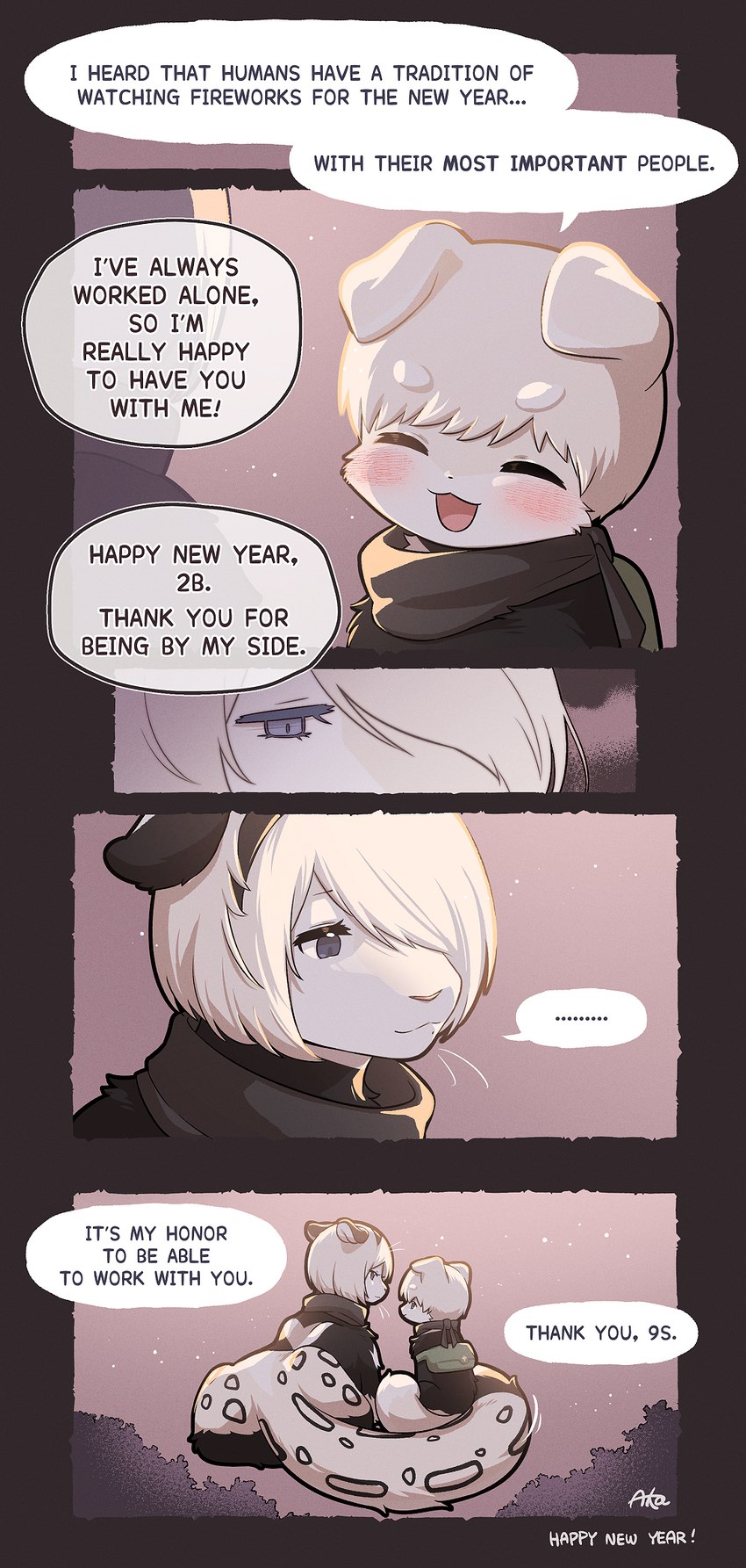 blue_eyes blush dialogue duo eyelashes eyes_closed female feral fur hair half-closed_eyes holiday_message holidays male narrowed_eyes open_mouth simple_background smile speech_bubble text tongue white_body white_fur white_hair missaka new_year nier_automata platinumgames yorha_2b yorha_9s canid canine canis domestic_dog felid mammal pantherine snow_leopard comic digital_media_(artwork) english_text hi_res