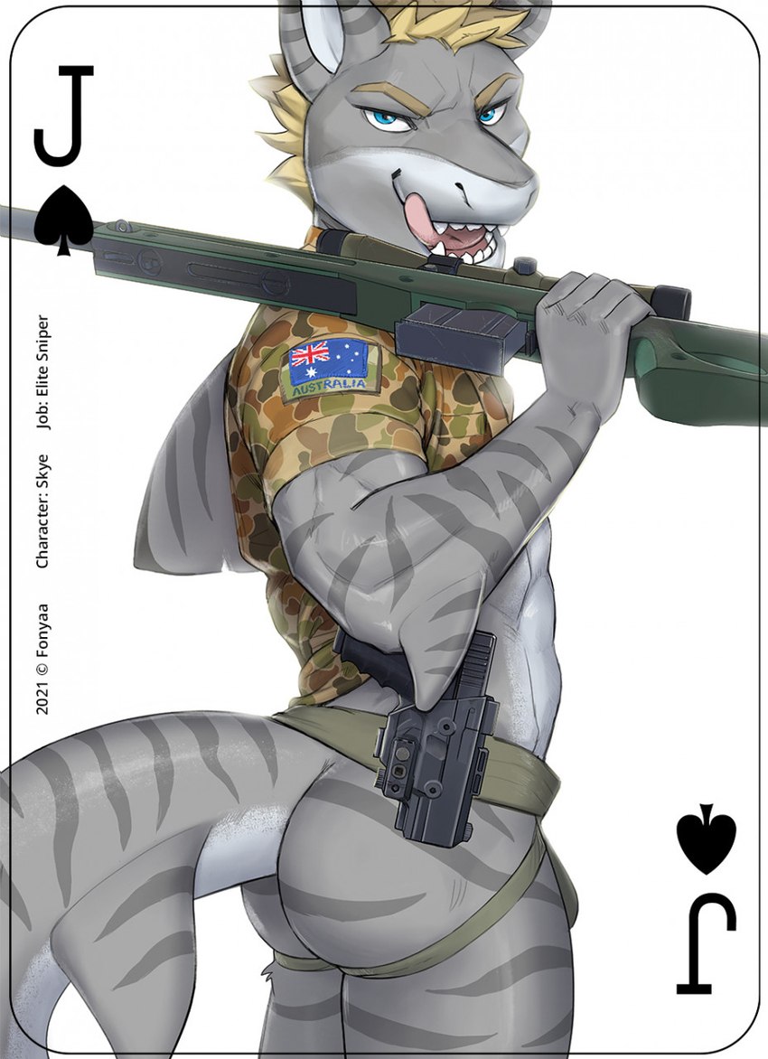 anthro australian_flag awp bulge butt camo camo_print card card_template clothed clothing copyright_symbol gun handgun jack_of_spades jockstrap licking licking_lips looking_at_viewer male military pistol playing_card playing_card_template ranged_weapon rifle shirt simple_background sniper_rifle solo spades_(suit) standing stripes suit_symbol symbol text tongue tongue_out topwear underwear weapon white_background fonyaa glock skye_(shark7) fish marine requiem_shark shark tiger_shark 2021 english_text hi_res