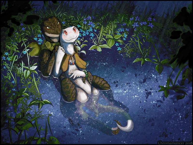 anthro canon_couple duo female green_eyes husband_and_wife male married_couple night outside partially_submerged red_eyes scales smile tail tattoo water chromamancer overlord_(series) crusch_lulu zaryusu_shasha lizard lizardman lizardman_(overlord) reptile scalie 2018 4:3 absurd_res digital_media_(artwork) hi_res