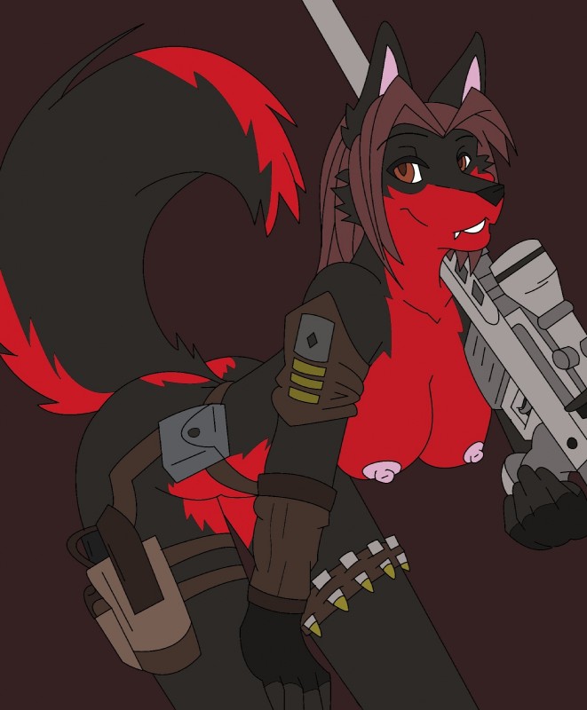 anthro armband bent_over big_breasts black_body black_fur breasts bullet fangs female fur gun looking_at_viewer nipples nude ranged_weapon red_body red_fur rifle smile sniper_rifle solo teeth weapon rinkai lieutenant_(character) canid canine canis mammal wolf 2011 hi_res