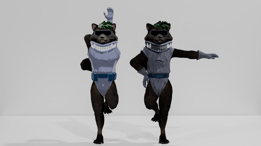 anthro belt clothing duo eyewear gloves goggles green_hair hair handwear kerchief male pose pouches suit young young_anthro young_male guardians_of_the_galaxy marvel rocket_raccoon mammal procyonid raccoon 16:9 3d_(artwork) digital_media_(artwork) hi_res widescreen