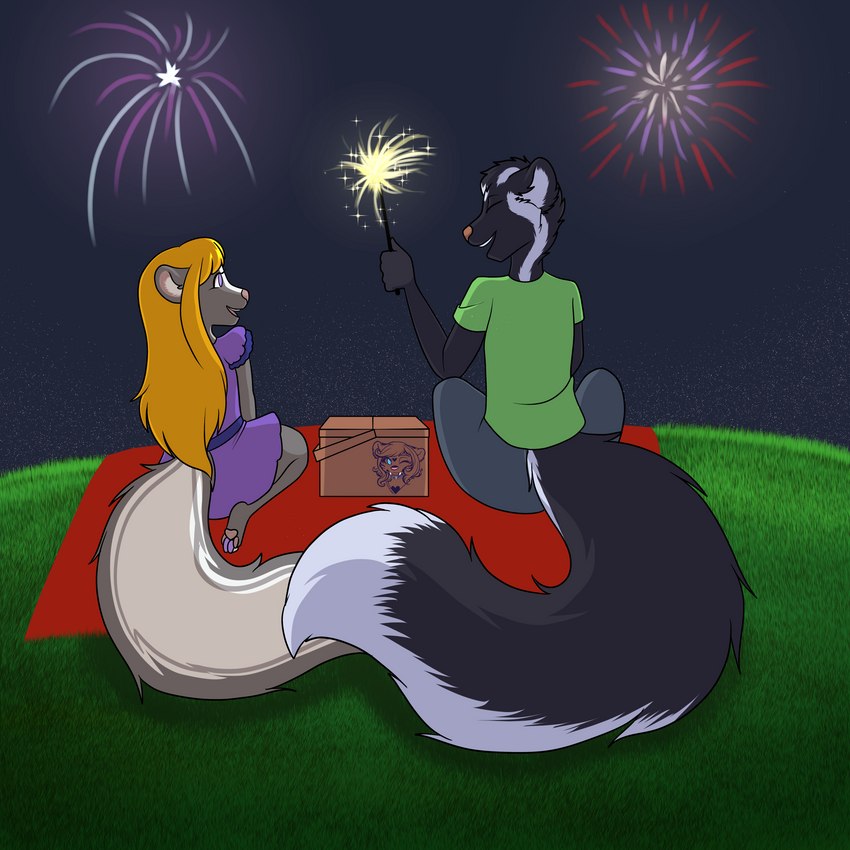 anthro basket bedding big_tail black_body black_fur blanket blonde_hair bottomwear brown_eyes chest_tuft clothing container countershade_torso countershading dress duo feet female fingerless_(marking) fireworks fluffy fluffy_tail fur hair holding_object holidays inner_ear_fluff kneeling male multicolored_body multicolored_fur night outside picnic_basket purple_eyes shirt shorts sitting sky sparklers tail toeless_(marking) topwear tuft two_tone_body two_tone_fur white_body white_fur young young_anthro medicatedcannibal 4th_of_july lemmy_(lemmy_niscuit) lolly_(butterscotchlollipop) mammal mephitid skunk spotted_skunk 1:1 absurd_res hi_res