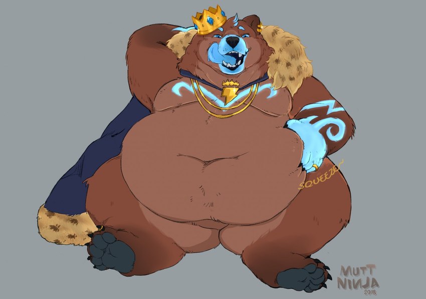 5_fingers 5_toes anthro arm_markings belly big_belly black_claws blue_body blue_eyes blue_fur blue_markings blue_sclera blue_tongue bodily_fluids brown_body brown_fur cape cape_only chest_markings claws clothing crown deep_navel digit_ring druid ear_piercing facial_markings fangs featureless_crotch feet finger_claws fingers front_view fur fur_markings grey_background hand_behind_back hand_on_belly head_markings headgear holding_belly huge_thighs inviting jewelry king licking licking_lips licking_own_lips looking_at_viewer magic_user male markings moobs mostly_nude multicolored_body multicolored_fur narrowed_eyes navel obese obese_anthro obese_male onomatopoeia open_mouth open_smile overweight overweight_anthro overweight_male pawpads piercing ring royalty saliva saliva_string self_lick sharp_teeth simple_background smile solo sound_effects squeezing teeth text thick_thighs toe_claws toe_ring toes tongue tongue_out tribal tribal_markings tribal_spellcaster muttninja bjorn_(sturattyfur) bear brown_bear grizzly_bear mammal ursine 2018 dated digital_media_(artwork) signature