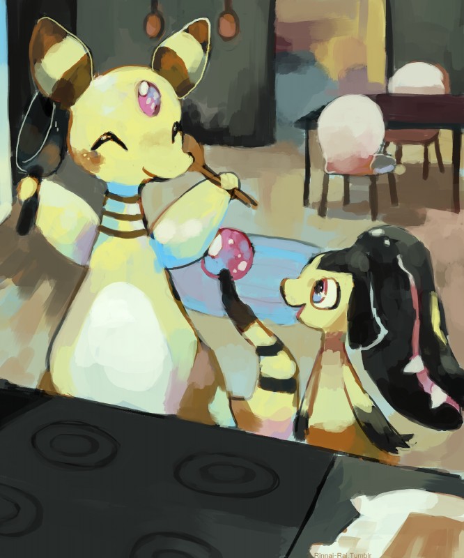 ambiguous_gender anthro appliance chair cookware duo eyes_closed frying_pan furniture hair_mouth happy kitchen_utensils open_mouth open_smile red_eyes sharp_teeth smile stove table teeth tools rinnai-rai nintendo pokemon pokemon_mystery_dungeon spike_chunsoft archaeologist_mawile dashing_wanderer_ampharos ampharos generation_2_pokemon generation_3_pokemon humanoid mammal mawile pokemon_(species) 2015 5:6 absurd_res digital_media_(artwork) digital_painting_(artwork) hi_res