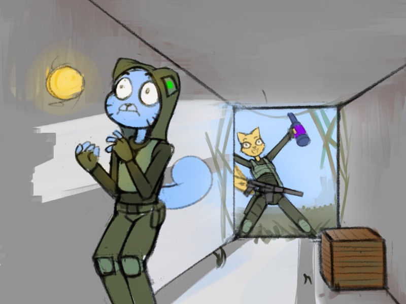 4_fingers anthro as_val assault_rifle blue_body blue_fur clothed clothing duo female fingerless_gloves fingers fur gloves gun handwear male ranged_weapon rifle standing weapon yellow_body yellow_fur young zambs cartoon_network microsoft prequel_adventure s.t.a.l.k.e.r. the_amazing_world_of_gumball the_elder_scrolls gumball_watterson katia_managan domestic_cat felid feline felis khajiit mammal 2019 4:3 crossover digital_media_(artwork)