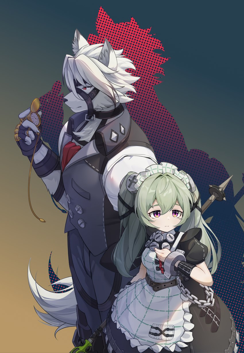 anthro clock clothed clothing duo female fur green_hair hair holding_object inner_ear_fluff maid_uniform male pocketwatch tail tuft uniform watch white_body white_fur gleamls mihoyo zenless_zone_zero corin_wickes von_lycaon canid canine canis human mammal wolf hi_res