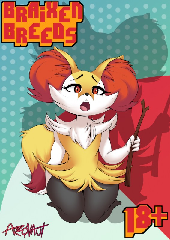 age_restriction anthro biped female kneeling open_mouth shadow solo stick text arzonaut nintendo pokemon braixen canid canine generation_6_pokemon mammal pokemon_(species) comic cover cover_art cover_page english_text hi_res