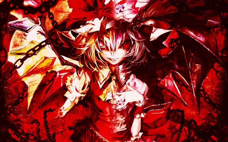 accessory arm_garter blonde_hair blood bodily_fluids chain clothed clothing dual_persona evil_grin female front_view garter hair looking_at_viewer nightmare_fuel not_furry rape_face red_eyes smile solo split_personality wings banpai_akira touhou flandre_scarlet remilia_scarlet hybrid undead vampire 16:10 digital_media_(artwork) half-length_portrait portrait red_theme widescreen sibling_(lore) sister_(lore) sisters_(lore)