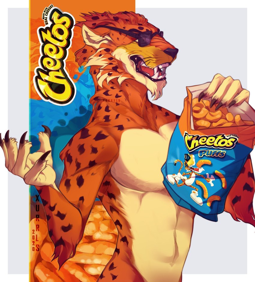 anthro claws eyewear food male mascot solo spots sunglasses xurryls cheetos chester_cheetah cheetah felid feline mammal 2020 hi_res