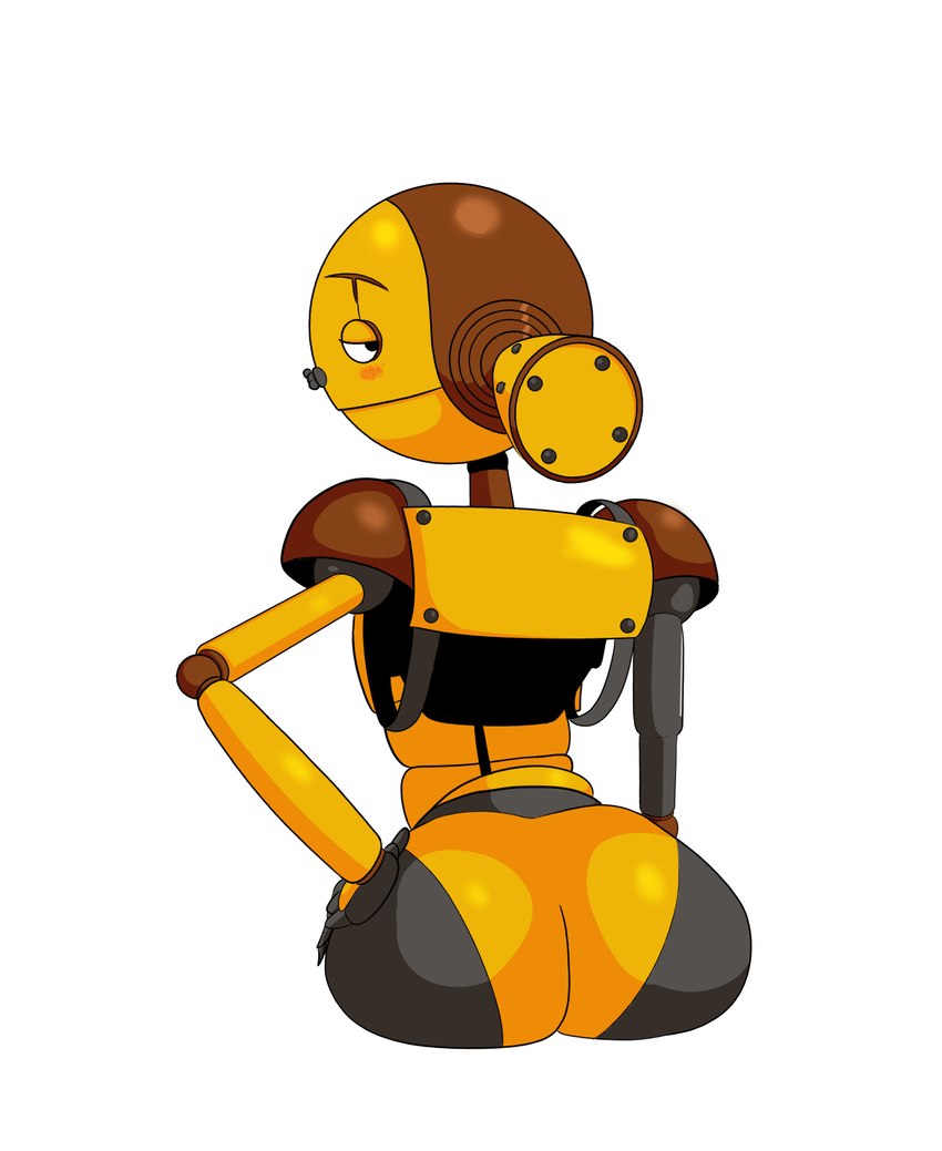 butt female hand_on_hip looking_at_viewer looking_back looking_back_at_viewer machine not_furry rear_view simple_background solo white_background yellow_body impstripe blue_sky_studios robots_(film) piper_pinwheeler humanoid robot robot_humanoid 2022 half-length_portrait hi_res portrait