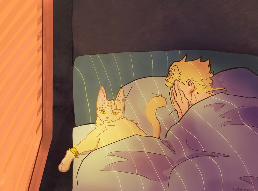 alternate_species bed blonde_hair blush bracelet_only covering covering_face duo ear_piercing feral furniture furrification hair looking_at_viewer male on_bed piercing tail yellow_body yellow_eyes boni_(artist) jojo's_bizarre_adventure dio_brando giorno_giovanna domestic_cat felid feline felis human mammal hi_res father_(lore) father_and_child_(lore) father_and_son_(lore) parent_(lore) parent_and_child_(lore) parent_and_son_(lore) son_(lore)