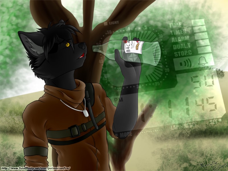 alcohol anthro beverage bottle clock clothed clothing container drunk fur hair holding_bottle holding_container holding_object male rum solo substance_intoxication palmarianfire bacardi konami metal_gear phantom_pain darkwolf_(darkwolfdemon) canid canine canis humanoid mammal wolf 2015 4:3