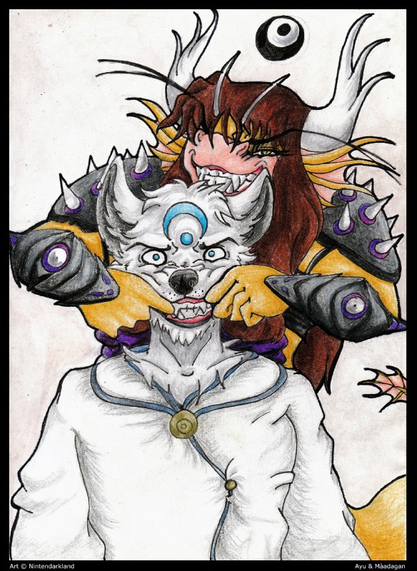 anthro armor black_border blue_eyes border brown_hair clothing duo female fur grin hair long_hair male smile spikes white_body white_fur worried yellow_body yellow_eyes yellow_skin nintendarkland mythology ayu_(umpherio) maadagan albino canid canine drafolk dragon mammal mythological_creature mythological_scalie scalie hi_res