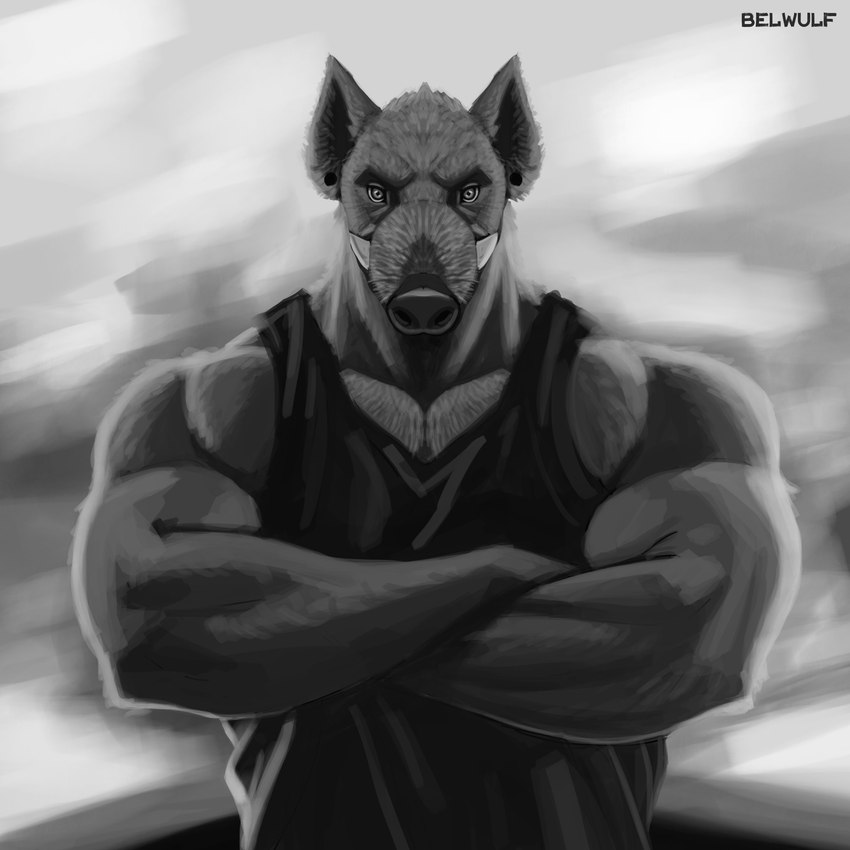 anthro biceps clothed clothing crossed_arms eyebrows fur looking_at_viewer male muscular muscular_anthro muscular_male pecs pose shirt solo tank_top topwear tusks belwulf mammal suid suina wereboar werecreature weresuid weresuina 1:1 2023 absurd_res artist_name digital_media_(artwork) greyscale hi_res monochrome