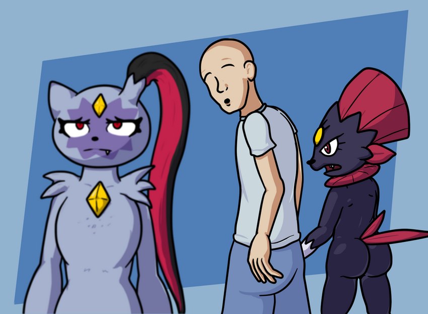 angry anthro bald black_body black_fur blurred_foreground butt clothed clothing eyebrows faceless_character faceless_human female fur group hand_holding jealous looking_at_viewer looking_back male male/female open_mouth purple_body purple_fur raised_eyebrows simple_background naughtysableye distracted_boyfriend nintendo pokemon pokemon_legends_arceus anon generation_4_pokemon generation_8_pokemon human mammal pokemon_(species) sneasler weavile meme