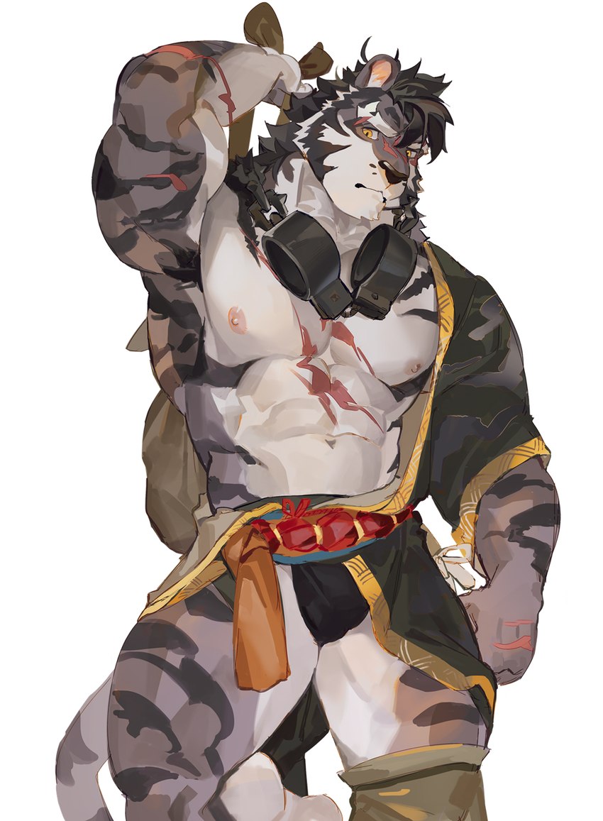 abdominal_scar abs anthro arm_scar asian_clothing bag barazoku belt biceps black_hair chest_scar clothed clothing cuff_(restraint) east_asian_clothing eye_scar facial_scar fundoshi fur hair hand_scar handcuffs holding_bag japanese_clothing male metal_cuffs multicolored_body multicolored_fur muscular muscular_thighs nipples open_clothing purple_hair restraints rope rope_belt scar simple_background snout snout_scar solo striped_body striped_fur stripes underwear white_background white_body white_fur yellow_eyes seatohao sdorica yao_(sdorica) felid mammal pantherine tiger 2023 hi_res