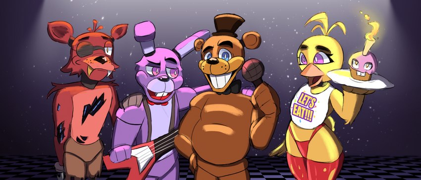 angry anthro bikini_thong bow_tie clothing electronics eye_patch eyewear fangs female group guitar happy hat headgear headwear legwear machine male microphone musical_instrument plate plucked_string_instrument stockings string_instrument swimwear teeth top_hat mechtal five_nights_at_freddy's scottgames bonnie_(fnaf) chica_(fnaf) cupcake_(fnaf) foxy_(fnaf) freddy_(fnaf) avian bear bird canid canine chicken fox galliform gallus_(genus) lagomorph leporid mammal phasianid rabbit robot absurd_res hi_res