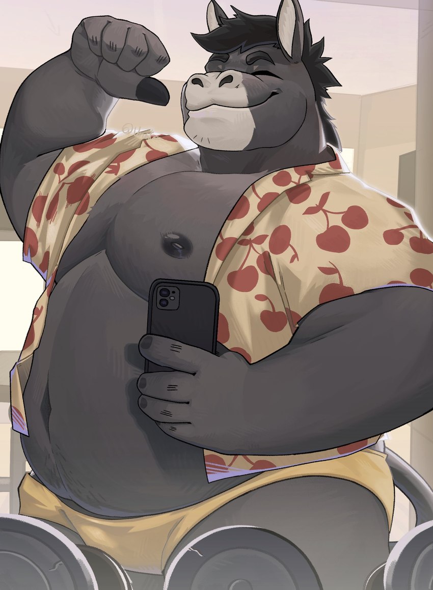 5_fingers anthro areola belly biceps black_eyebrows black_nipples bottomwear caption cellphone clothed clothing countershade_snout countershading dumbbell electronics emoji eyebrows eyes_closed fingers flexing fur grey_body grey_countershading grey_fur gym hair happy holding_object holding_phone inside male moobs multicolored_body multicolored_fur musclegut muscular muscular_anthro muscular_male navel nipples overweight overweight_anthro overweight_male pecs phone selfie shirt shorts smartphone smile snout solo tail text topwear tuft two_tone_body two_tone_fur weights unatazaamarilla carlos_(burropaleta) asinus donkey equid equine mammal 2024 half-length_portrait hi_res portrait