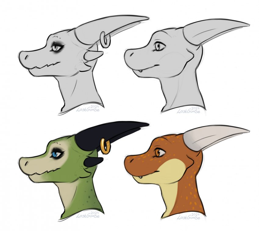 anthro black_horn blue_eyes darkened_eyelids duo furgonomics furry-specific_piercing green_body horn horn_piercing male multicolored_body orange_body orange_eyes piercing two_tone_body white_horn lostgoose rise_(poverizer) scree_(character) scalie hi_res portrait