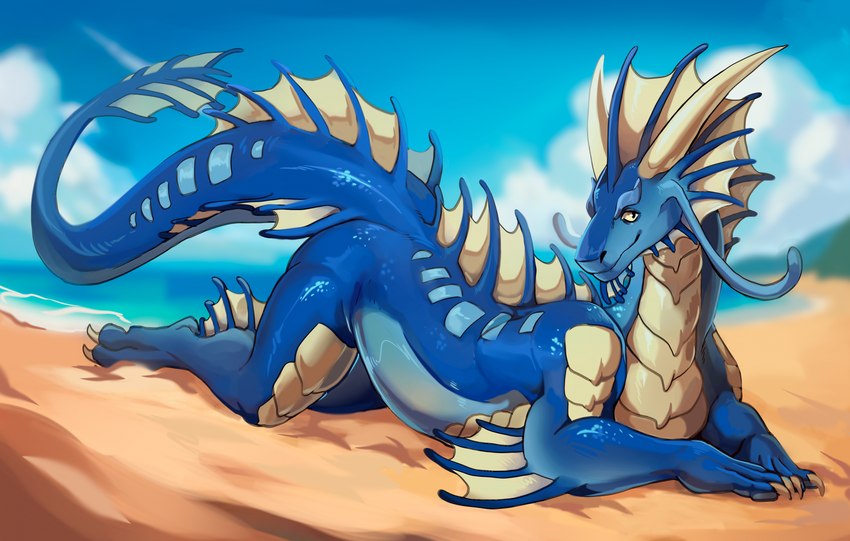 beach blue_body blue_scales dorsal_frill feral frill_(anatomy) horn male membrane_(anatomy) no_sclera sand scales solo tail ventral_scales white_horn white_membrane yellow_eyes sssmazkaa mythology aquatic_dragon dragon marine mythological_creature mythological_scalie scalie hi_res