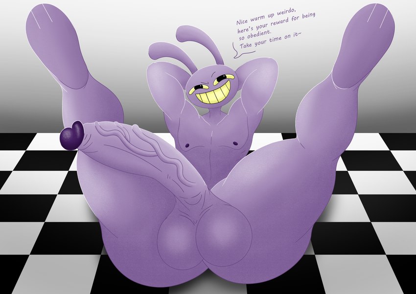 anthro balls big_balls big_butt big_penis black_eyes butt checkered checkered_floor fur genitals half-closed_eyes hands_behind_head huge_penis legs_up long_ears lying male narrowed_eyes nipples nude on_back penis presenting presenting_penis purple_body purple_ears purple_fur purple_nipples smile smirk solo teeth text thick_thighs vein veiny_penis yellow_sclera itsme_hilo glitch_productions the_amazing_digital_circus jax_(tadc) lagomorph leporid mammal rabbit 2023 absurd_res digital_media_(artwork) english_text hi_res