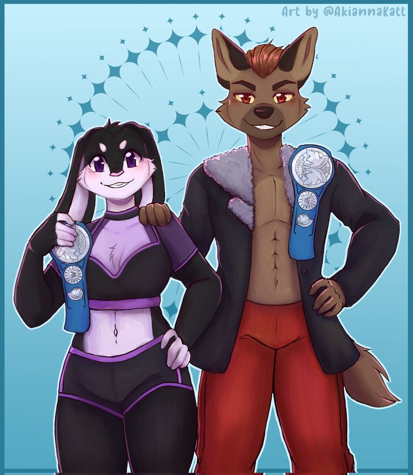 andromorph anthro duo female intersex male wwe_championship akiannakatt wwe nicky_graves victoria_bunny hyena lagomorph leporid mammal rabbit spotted_hyena hi_res brother_(lore) brother_and_sister_(lore) sibling_(lore) sister_(lore)