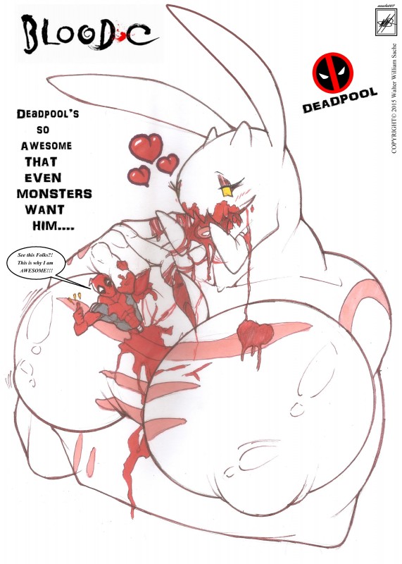 anthro big_breasts blood blush bodily_fluids breasts clothing crossgender dialogue duo eating female gesture gore hand_gesture heart_symbol huge_breasts logo male smile solo_focus spine text thumbs_up yellow_eyes walter_sache blood-c marvel deadpool elder_bairn human lagomorph leporid mammal rabbit absurd_res crossover english_text hi_res monochrome traditional_media_(artwork)