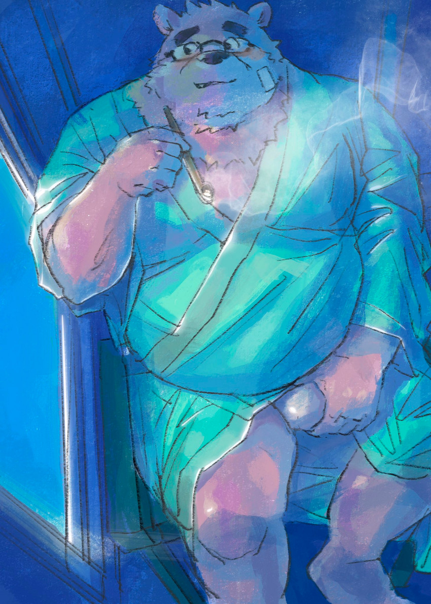 anthro asian_clothing blush bulge clothing east_asian_clothing eyewear fundoshi glasses japanese_clothing kemono male overweight overweight_anthro overweight_male robe sitting solo underwear eaka lifewonders tokyo_afterschool_summoners volos_(tas) bear mammal 2020 hi_res