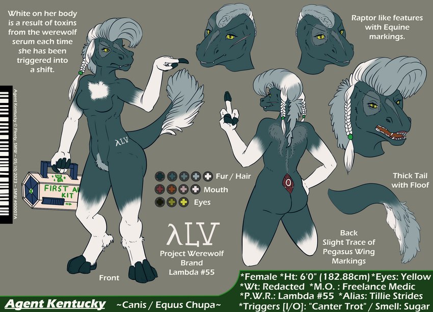 anthro braided_hair chupa cuphathing female hair medic nude solo teeth text fleety_(artist) agent_kentucky_(character) canid canine chupadore equid equine mammal reptile scalie english_text hi_res model_sheet