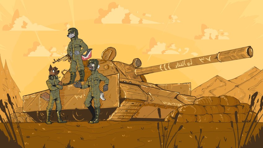 anthro boots clothing combat_boots footwear group gun hair hat headgear headwear holding_gun holding_object holding_ranged_weapon holding_rifle holding_weapon looking_at_another male male/male military military_cap military_clothing military_hat military_helmet military_jacket military_pants military_uniform open_mouth ranged_weapon rifle sandbag sandbags shoes t-55_(tank) tail tank_(vehicle) teeth teeth_showing text text_on_vehicle trio uniform vehicle weapon white_hair mawkvlt kolya_yeen_(mawkvlt) 16:9 4k absurd_res hi_res widescreen