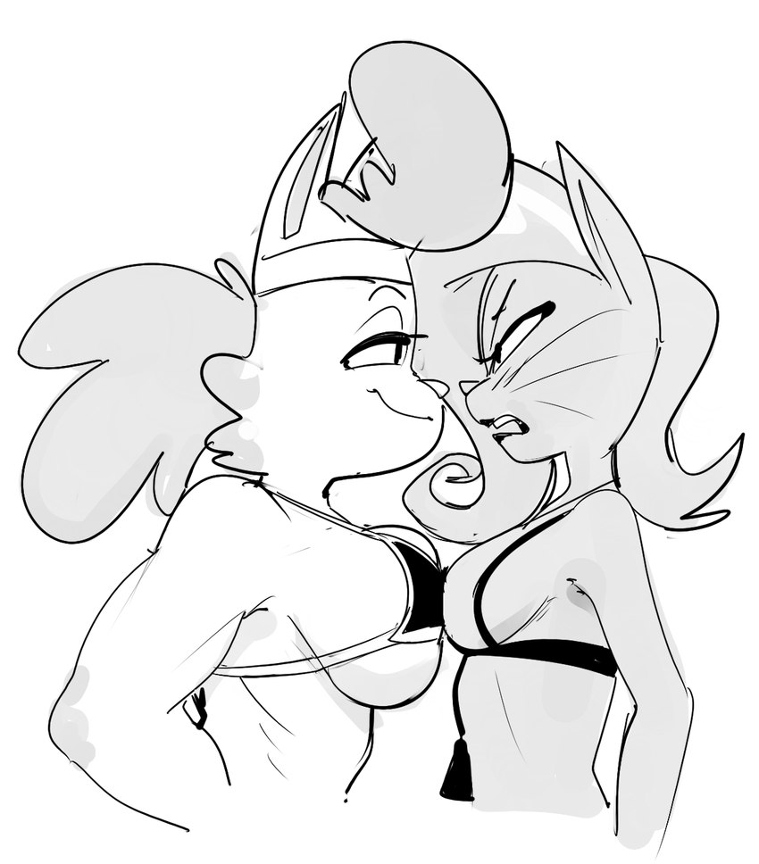 accessory angry anthro big_breasts bra breast_size_difference breast_squish breasts breasts_frottage clothing duo female hair headband side_boob simple_background smile squish underwear white_background dbaru cartoon_network mighty_magiswords calika morbidia domestic_cat felid feline felis mammal 2021 hi_res monochrome