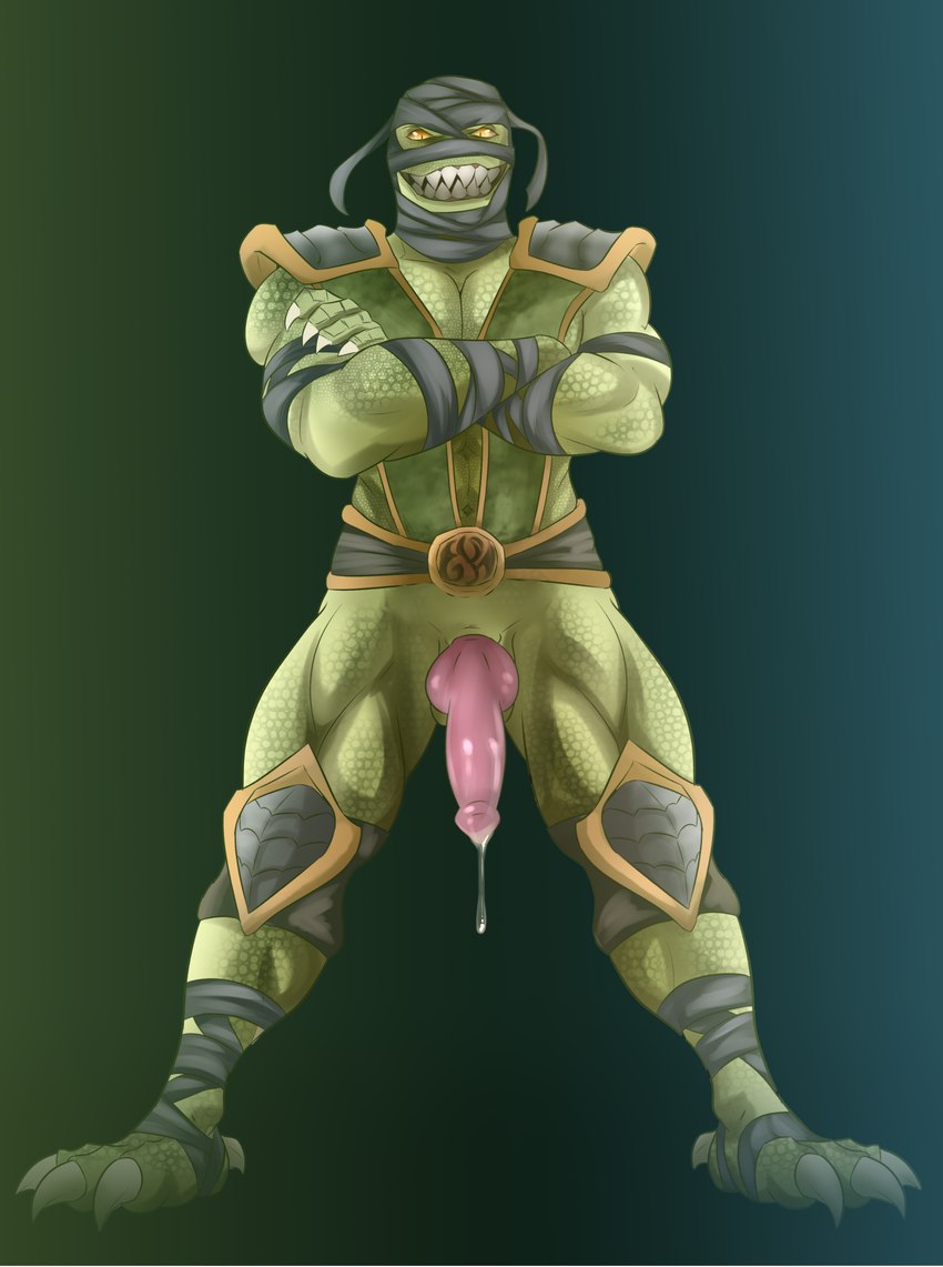 anthro armor armwear athletic athletic_anthro athletic_male balls biceps big_teeth bodily_fluids bottomless claws clothed clothing crossed_arms cum cum_drip dripping erection fangs finger_claws fingers front_view full_body_view genital_fluids genitals green_background green_body green_scales knot looking_at_viewer male mostly_nude muscular muscular_anthro muscular_arms muscular_male muscular_thighs non-mammal_balls orange_sclera partially_clothed pecs penis presenting presenting_penis pupils red_penis scales sharp_teeth simple_background slit_pupils smile snout solo spread_legs spreading teeth tight_clothing topwear wrappings yellow_sclera aleksejsalabaev mortal_kombat reptile_(mortal_kombat) humanoid lizard monster reptile saurian_(mortal_kombat) scalie 2025 absurd_res hi_res